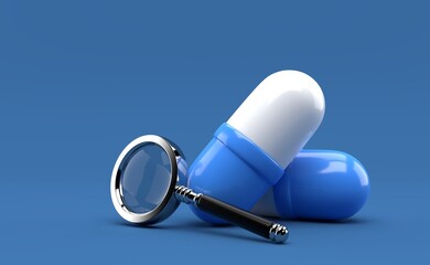 Pills with magnifying glass