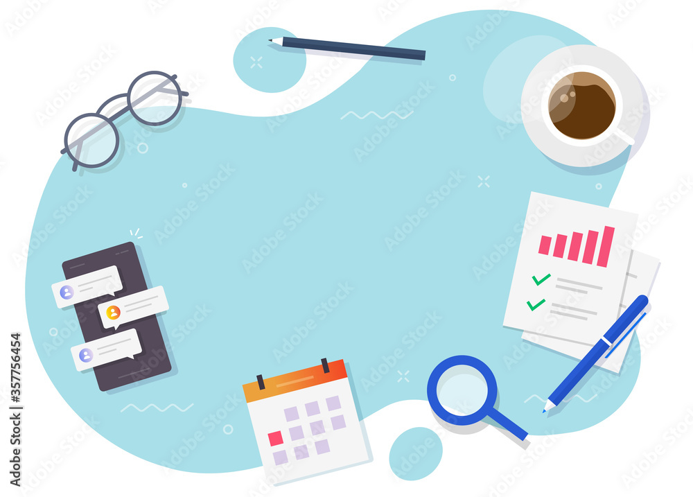 Poster business desk table workplace vector flat lay or learning and study working desktop concept for copy