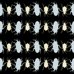 Seamless pattern with bugs. Endless background with beetles. Vector silhouette illustration.