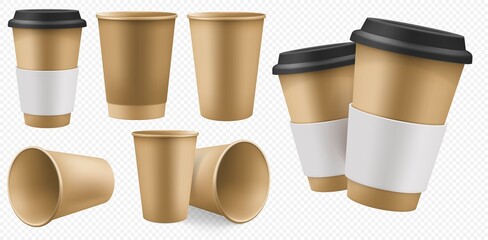 Craft cup paper. Blank brown coffee cup template with cardboard holder and plastic lid. Takeaway craft pack set for hot drink mockup isolated on transparent background. Disposable takeout cafe package