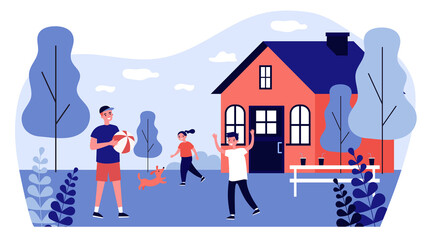 Dad spending leisure time with children. Kids, playing ball, dog, garden flat vector illustration. Home, outdoor activities, family concept for banner, website design or landing web page
