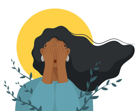 Depressed woman cover her face with hands. Concept of mental disorder, sorrow and depression.  Physical and emotional violence against women. Vector illustration.