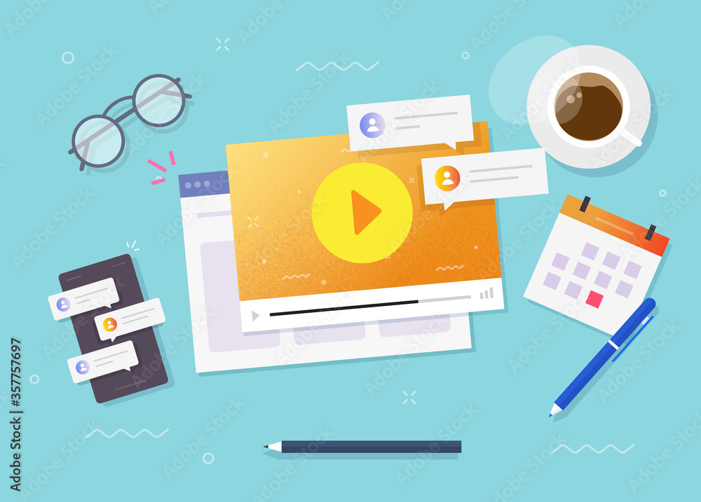 Poster video webinar watching online concept on workplace desk top view or internet distance learning call 