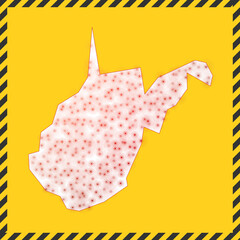 West Virginia closed - virus danger sign. Lock down us state icon. Black striped border around map with virus spread concept. Vector illustration.