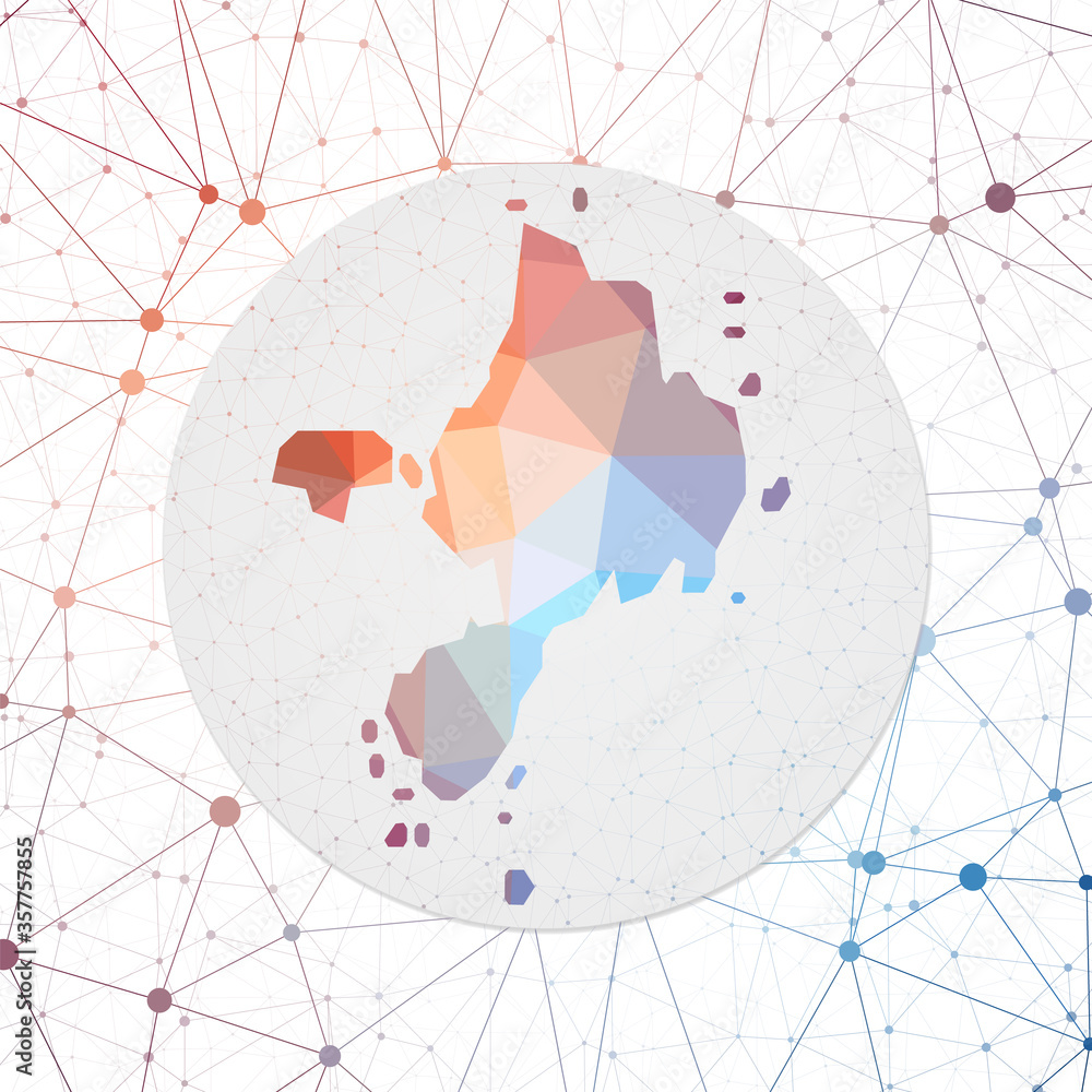 Poster Abstract vector map of Sark. Technology in the island geometric style poster. Polygonal Sark map on 3D triangular mesh background. EPS10 Vector.