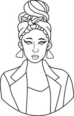 Line doodle portrait of a young beautiful girl with a bandage on her head and large jewelry. Woman head with cute hairstyle