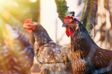 Chicken on a blurry background in a chicken coop