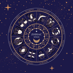 Modern magic witchcraft Astrology wheel with zodiac signs on space background. Horoscope vector illustration