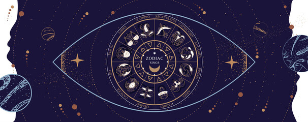 Modern magic witchcraft Astrology wheel with zodiac signs on space background. Horoscope vector illustration