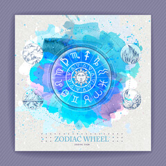 Modern magic witchcraft Astrology wheel with zodiac signs on watercolor background. Horoscope vector illustration
