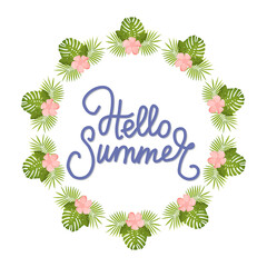 Hello Summer Tropical Design with Palm Leaves. Beach Vacation Poster, Banner. Tropic Floral Background for T-shirt, Flyer, Cover. Vector illustration.
