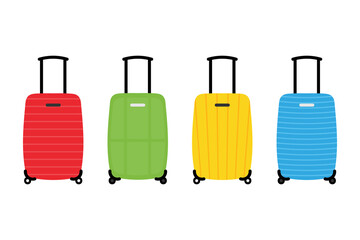 Set, collection of colorful cartoon style suitcase, travel bag, luggage icons for for summer holiday, vacation design.