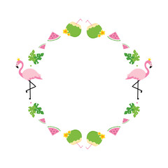 Vector round frame, card template for summer design with pink flamingo, tropical leaves, coconuts and watermelon slices.