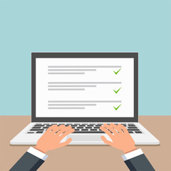 Laptop with online checklist flat design. illustration