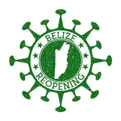 Belize reopening stamp. Green round badge of country with map of Belize. Country opening after lockdown. Vector illustration.