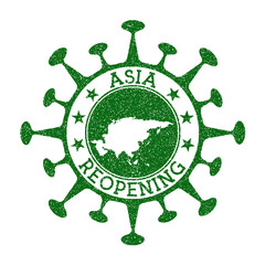 Asia Reopening Stamp. Green round badge of continent with map of Asia. Continent opening after lockdown. Vector illustration.