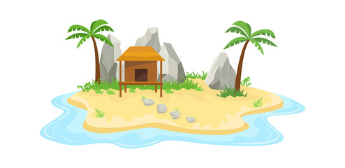 Tropical island cottage in ocean. Small island with wooden cozy bungalow sandy yellow beach green shrubs stonse center palm trees along edge platform oceanic summer landscape. Flat vector vacation.