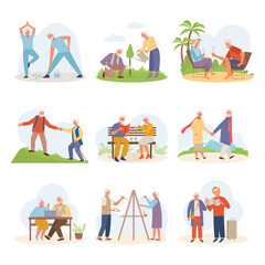 Life active old people. Elderly man woman draw travel relax at resort glasses, sit laptop, wait for plane with things, plant tree together, actively walk mountainous terrain. Vector cartoon style.