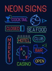 Fototapeta premium Signs neon set. Neon colorful electric pointers glowing letter club sea food blue casino deck cards green market bar cocktail red hotel orange advertising poster indicator. Vector cartoon soft glow.