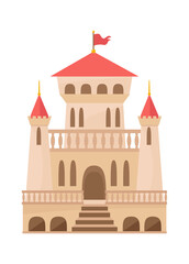 Medieval castle renaissance. Palace beige color with three towers openwork balconies red roof flag elongated rounded windows large central entrance staircase. Cartoon vector.