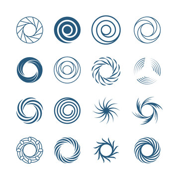 Abstract spiral circles set. Fashionable round swirls in form whirlpool lines effect rotational motion illustration subspace portals symbols ancient runic solstice. Vector abstract symbolism.