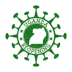 Uganda reopening stamp. Green round badge of country with map of Uganda. Country opening after lockdown. Vector illustration.