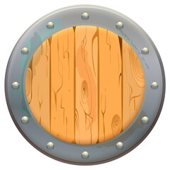 Round wooden shield with metal rivets isolated on white. Medieval knight armor