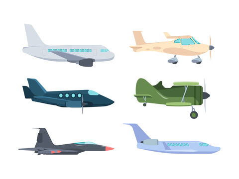 Airplanes set. Modern passenger liners retro propeller an 2 corncob super powerful combat fighter MiG 31 small high speed private jet golfstream compact training aircraft for 2. Cartoon vector.