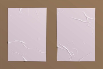 White wrinkled paper on brown background. Realistic poster mockup. Vector illustrator.