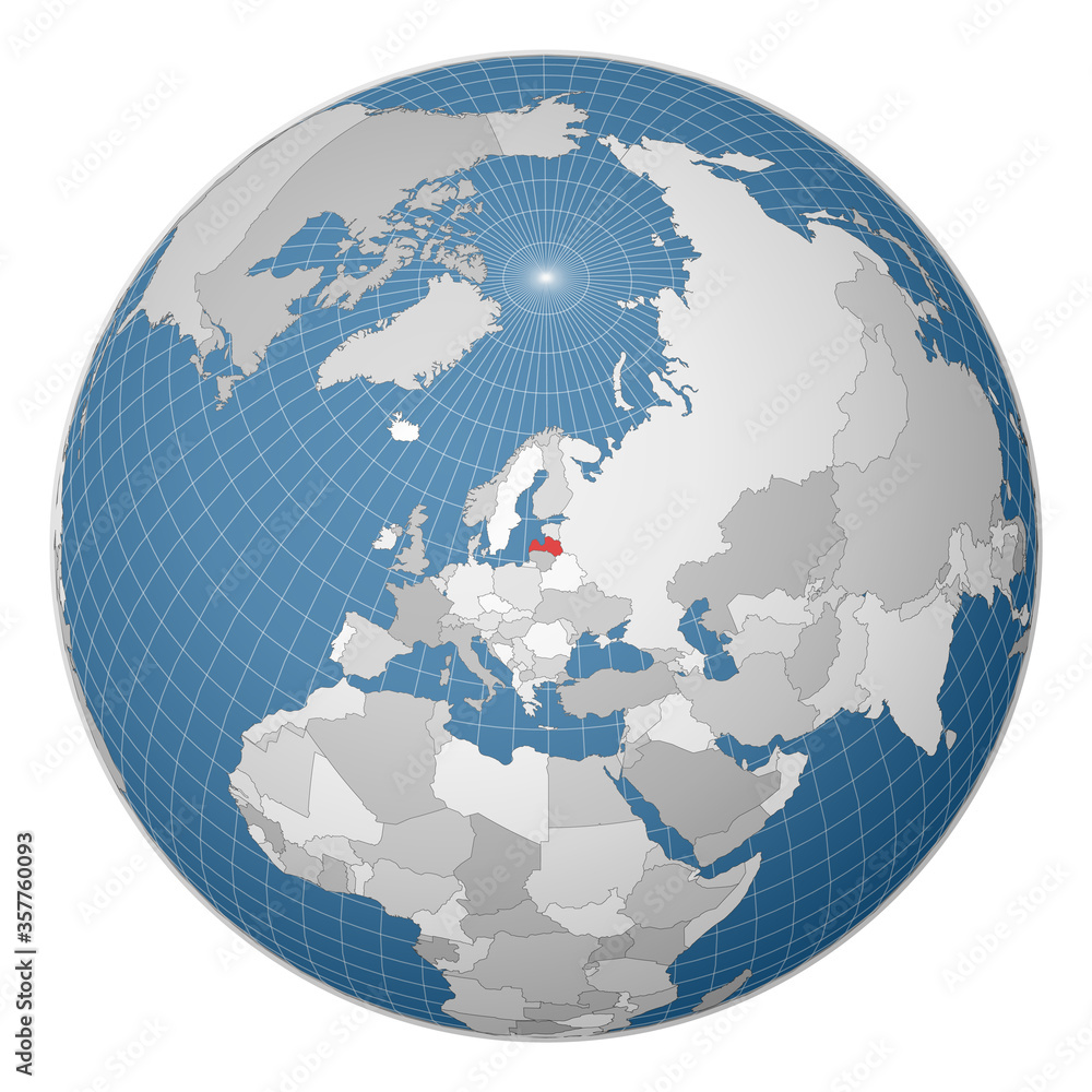 Poster globe centered to latvia. country highlighted with green color on world map. satellite world project