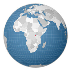 Globe centered to Rwanda. Country highlighted with green color on world map. Satellite world projection. Amazing vector illustration.