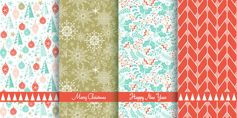 Set of Christmas seamless patterns for greeting cards, wrapping paper. Hand drawn winter backgrounds. Vector illustration