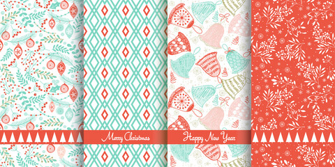 Set of Christmas seamless patterns for greeting cards, wrapping paper. Hand drawn winter backgrounds. Vector illustration