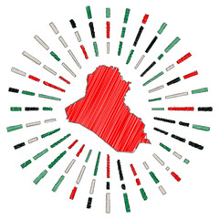 Sketch map of Republic of Iraq. Sunburst around the country in flag colors. Hand drawn Republic of Iraq shape with sun rays on white background. Vector illustration.