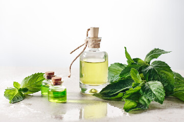 Peppermint essential oil and fresh mint leaves.