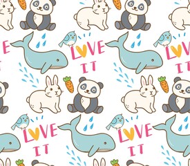 Fototapeta premium Various animals seamless pattern in kawaii style illustration