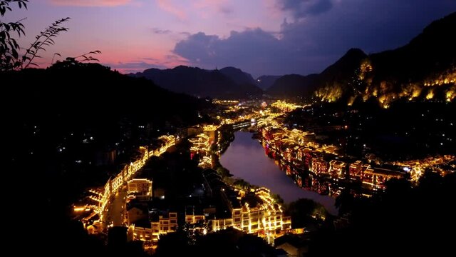 Xijiang Miao Village China, City Lights Turn On, Evening Time Lapse
