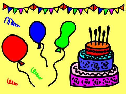 Yellow birthday card with cake and balloons. Illustration of a hand drawn drawing in a Doodle style vector