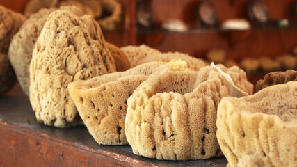 Sea sponges of different shapes and sizes sold at a small shop in Symi town, Symi island, Greece
