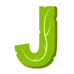 Letter J, green leaves summer vector alphabet. The simple logo of letter J green color. Isolated illustration on white background.