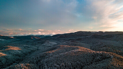 Carpathian mountains winter. Snow coniferous forest at sunset.