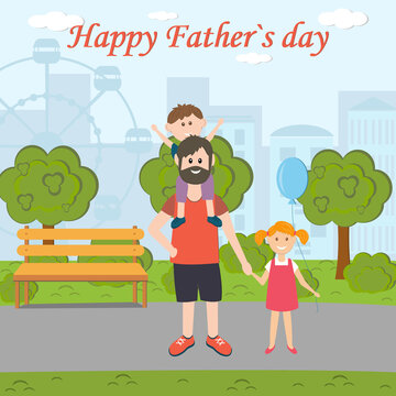 Father's day card with the image of a father, daughter and son in the Park on the background of a carousel, color vector illustration in flat style, design, gift