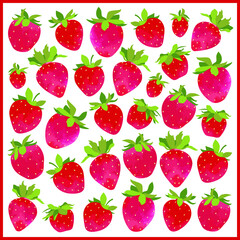Vector set : square pattern with red , fresh, ripe strawberry with green leaves. Isolated on white in frame. Colorful summer juicy design with watercolor texture for textile shawl , card, poster.