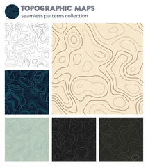 Topographic maps. Amazing isoline patterns, seamless design. Charming tileable background. Vector illustration.