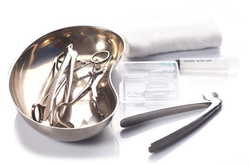 Dental appliances in sterile packaging on white background..