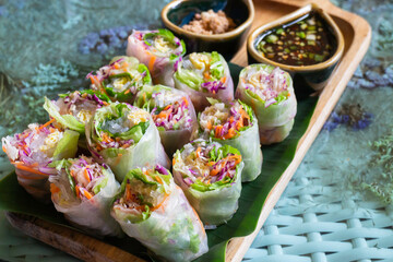 Healthy fresh vegetable spring rolls serving