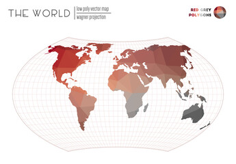 Abstract world map. Wagner projection of the world. Red Grey colored polygons. Neat vector illustration.