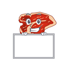 Funny cartoon design style T-bone standing behind a board