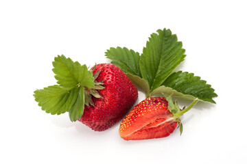 Strawberries with leaves. Isolated on a white background.