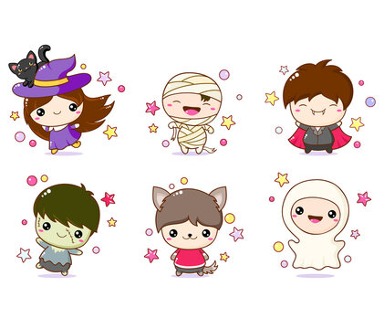 Collection of cartoon kids in Halloween costumes in kawaii style